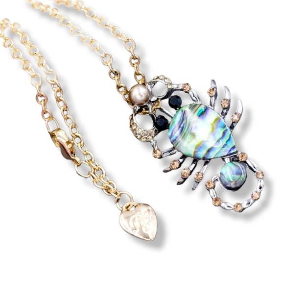 Silver plated abalone inlay champagne crystal pearl scorpion necklace/brooch - Picture 1 of 14